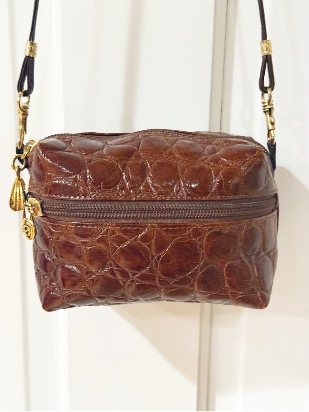 Allen Edmonds Vintage Brown Croc Embossed Mini Crossbody Purse Bag Gold Hardware